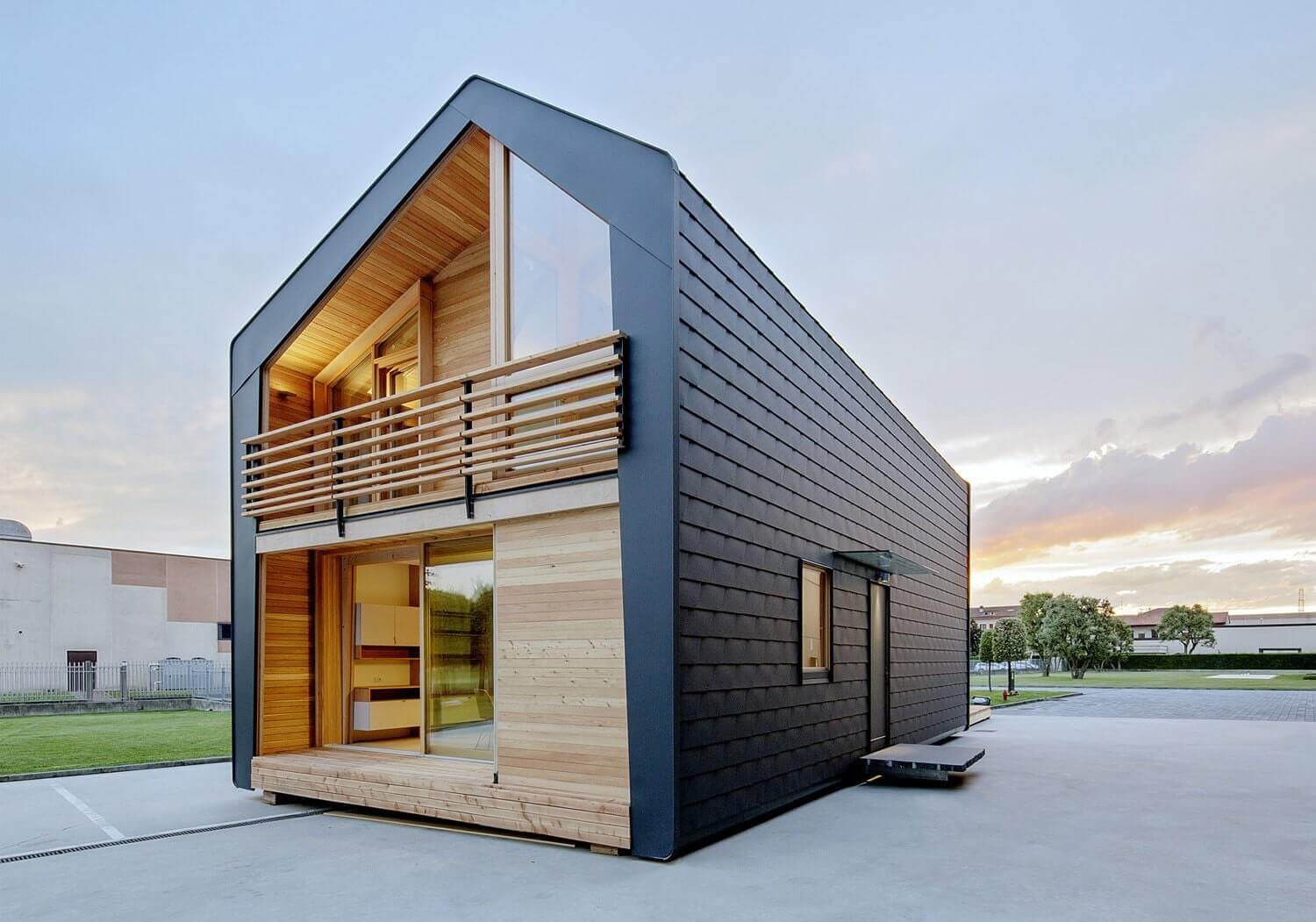 A modern home with a balcony.